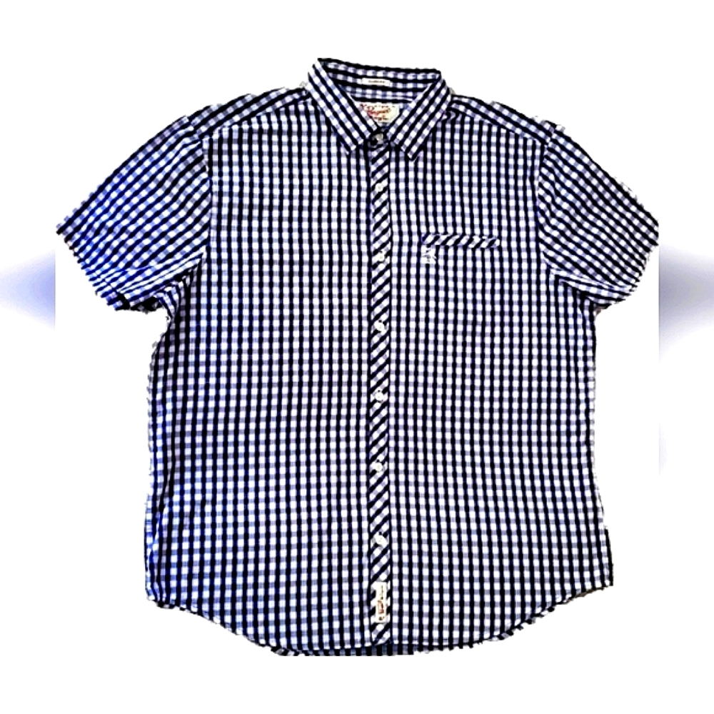 Penguin Classic Fit Shirt Mens XL Blue Pink Plaid Button Up Short Sleeve